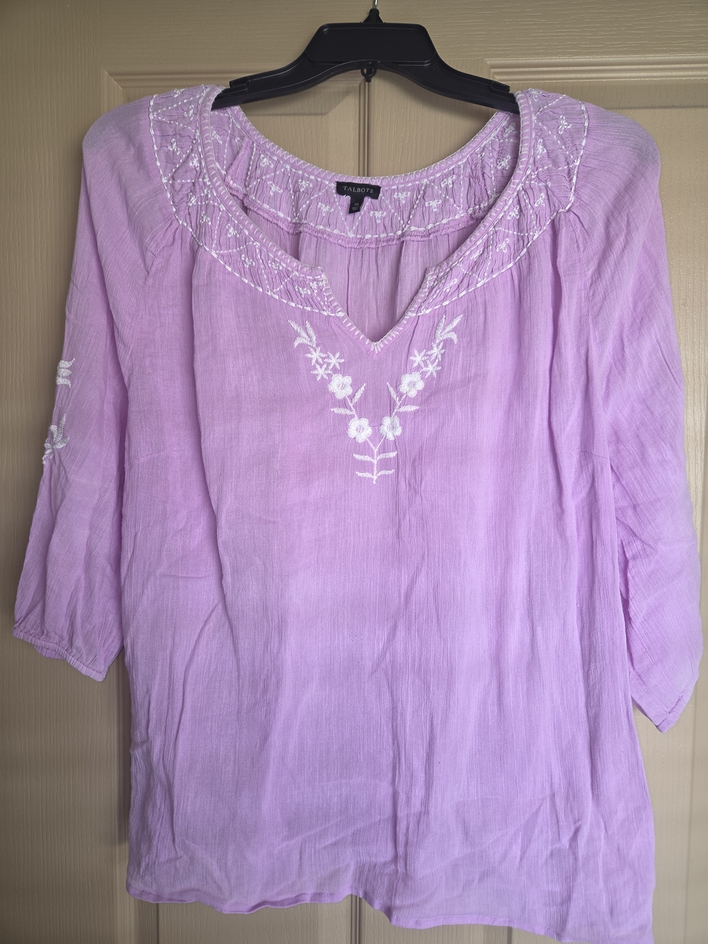 Talbots Lavender Embroidered V-Neck Peasant Blouse